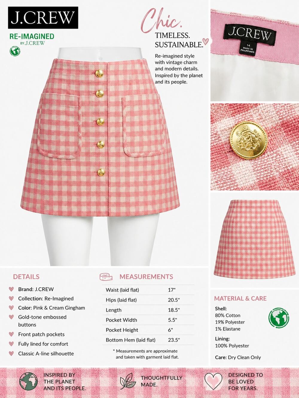 J.CREW Re-Imagined Pink & Cream Gingham Skirt
